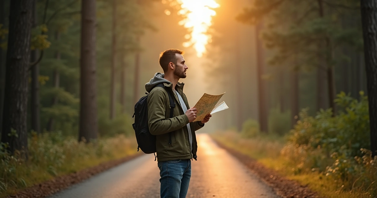 Pessoa olhando para dois caminhos diferentes, pensativa