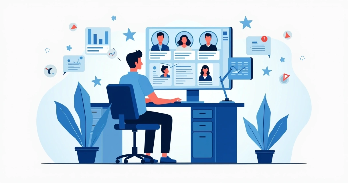 Ilustração corporativa mostrando uma pessoa avaliando perfis de influenciadores em tela, com gráficos e indicadores de risco ao redor 