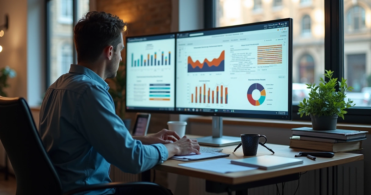 Profissional avaliando gráficos de investimento de marketing em um monitor 