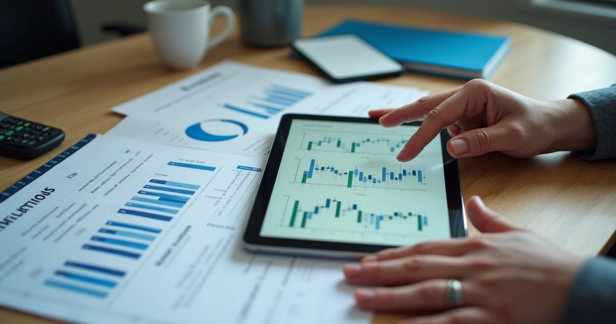 Pessoa avaliando opções de investimento em um tablet na mesa 