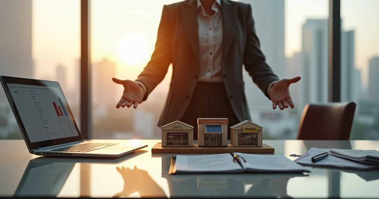 Empresário observa maquete de franquias em miniatura sobre mesa de vidro 