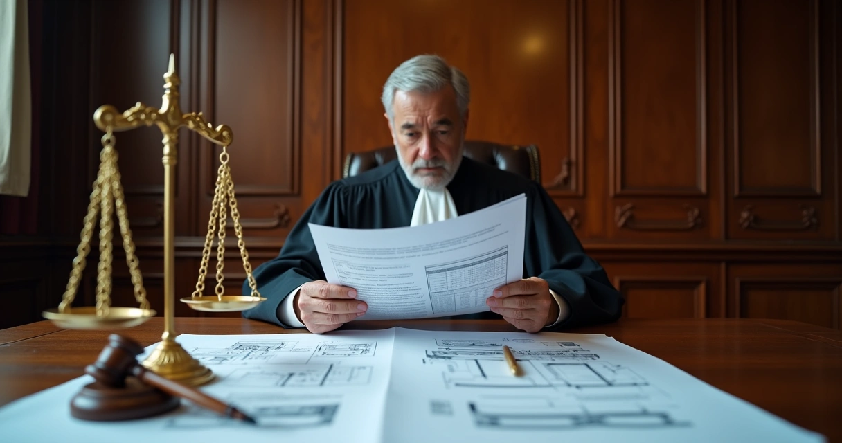 Juiz analisando laudo pericial em tribunal 