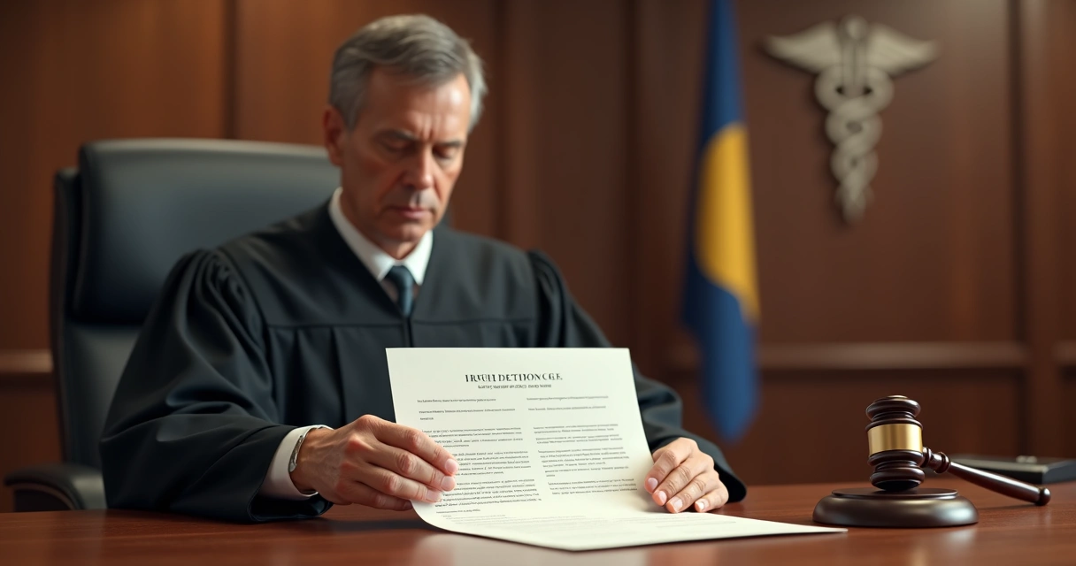 Juiz segurando decisão judicial com símbolo médico ao fundo