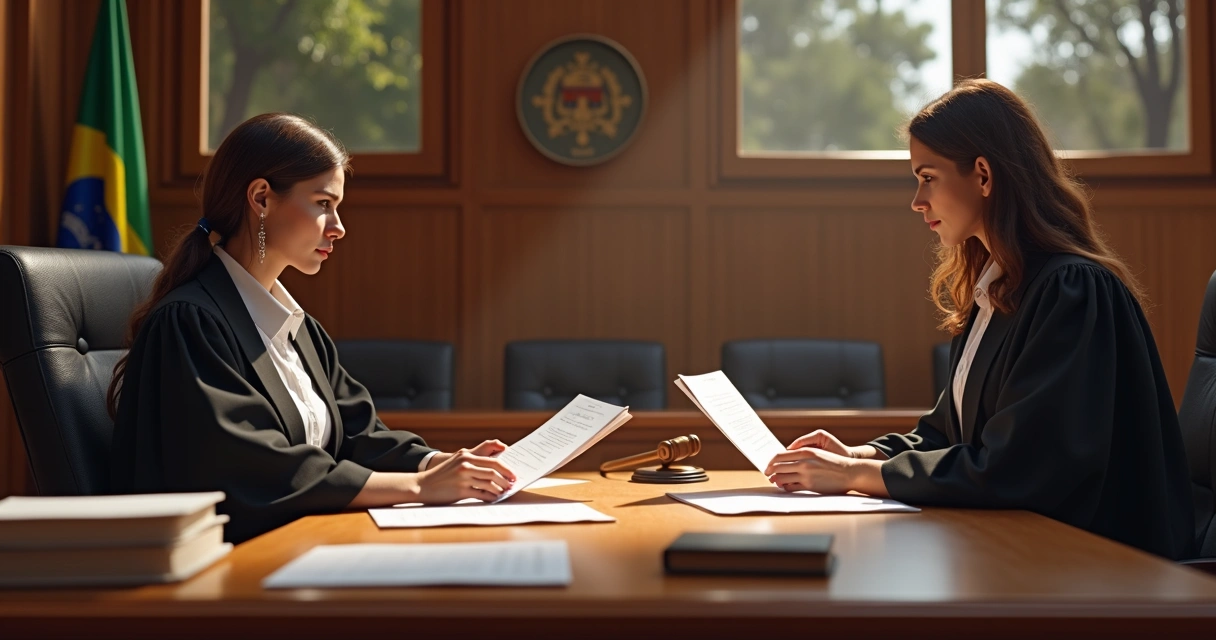 Juízas analisam processo judicário com papéis e computador em tribunal