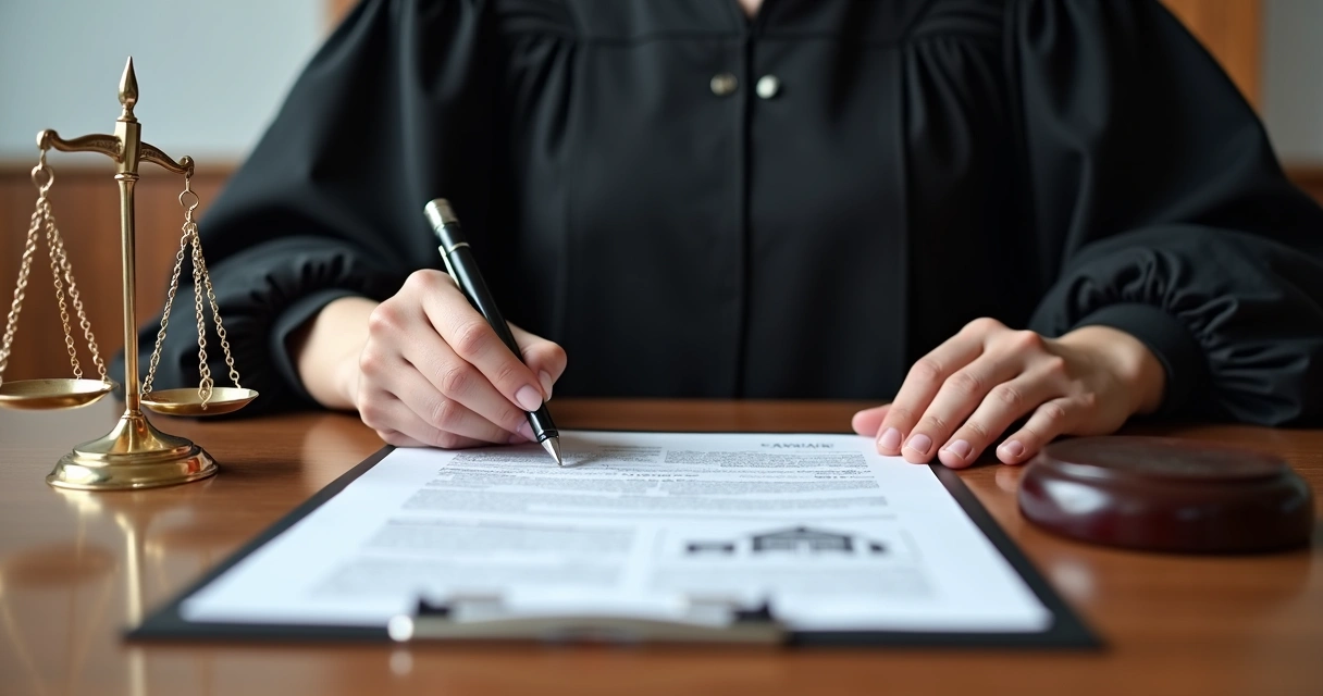 Juíza em toga avaliando documentos de contrato de imóvel 