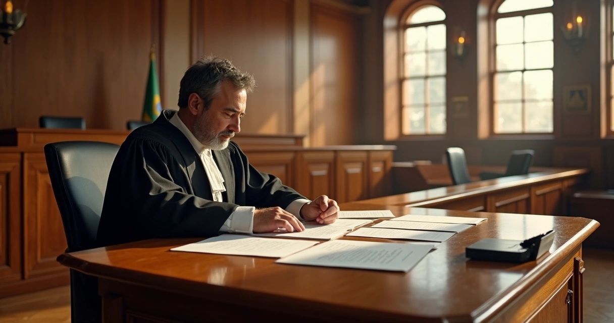 Juiz lendo decisão judicial em tribunal