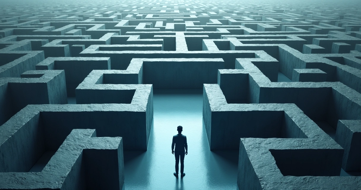 Pessoa parada diante de um labirinto em formato de cérebro 