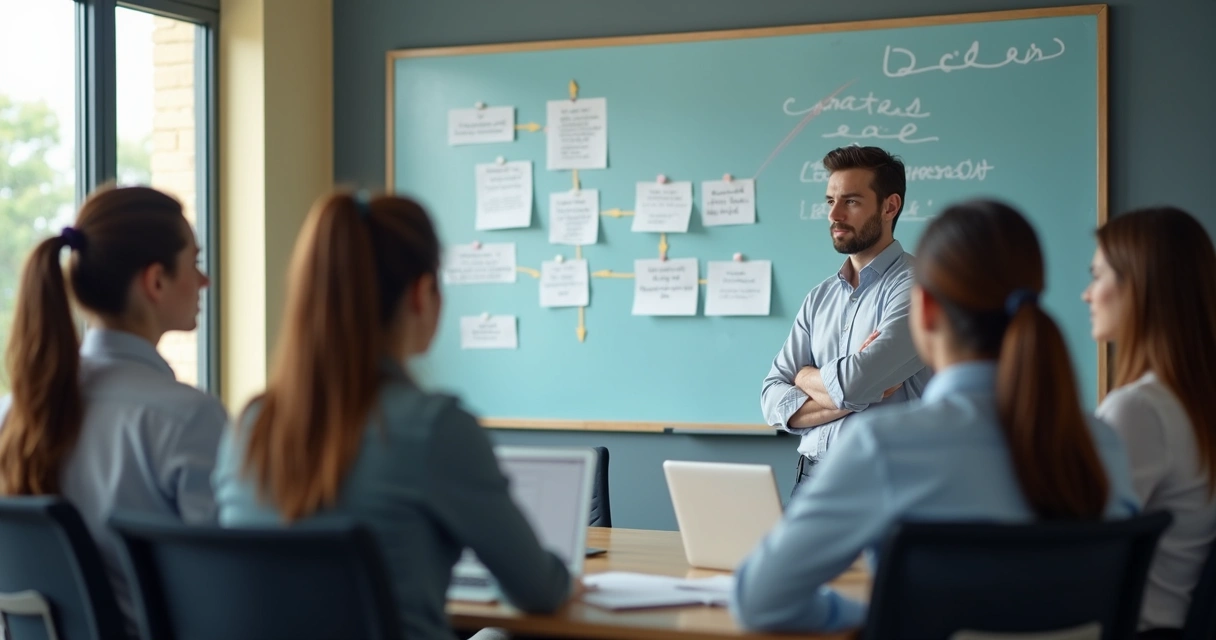 Líder analisando alternativas em quadro de decisões 