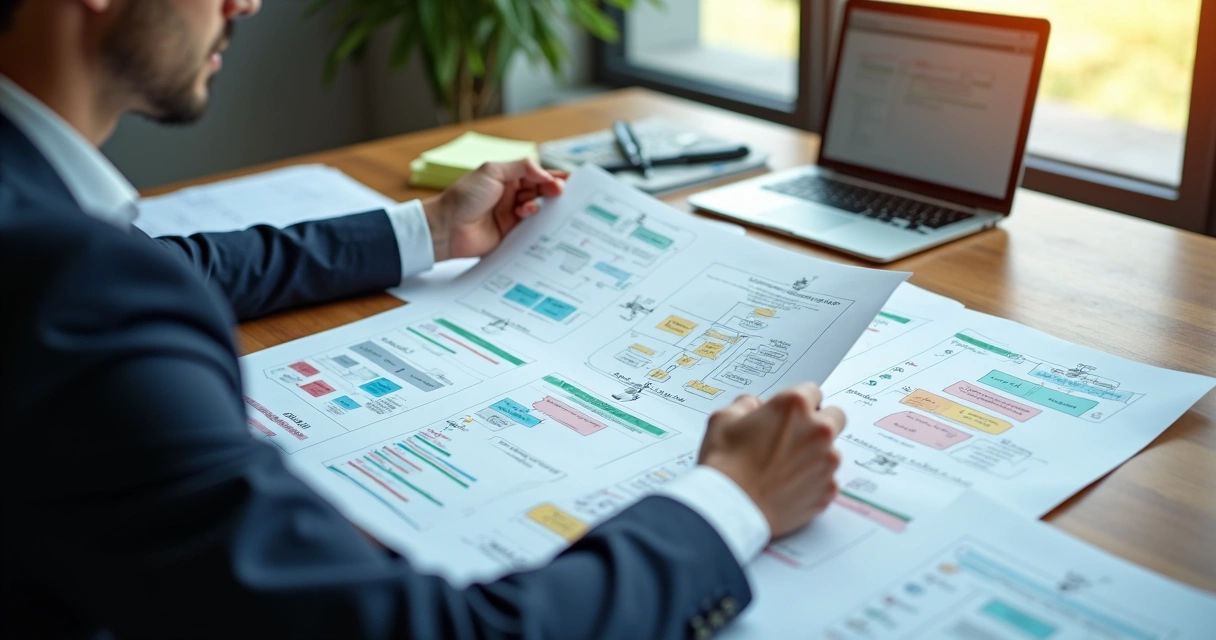 Pessoa analisando mapas e fluxos de decisão em uma mesa de trabalho
