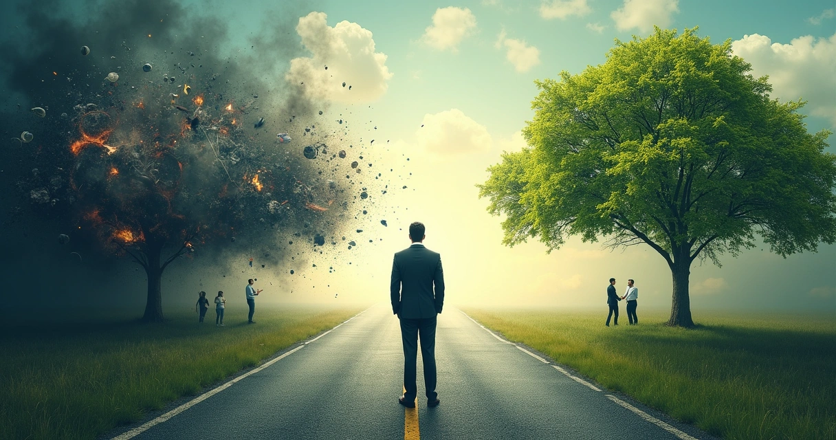 Pessoa parada em uma bifurcação de caminhos opostos, representando escolhas de liderança 