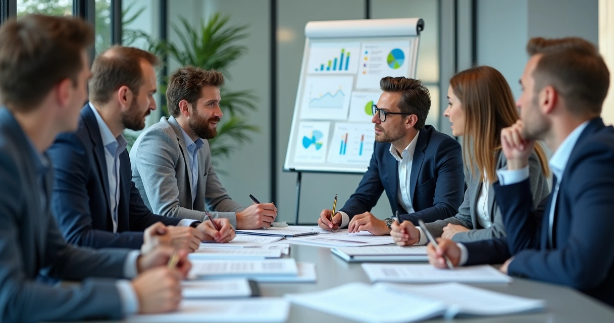 Equipe reunida avaliando decisões de liderança