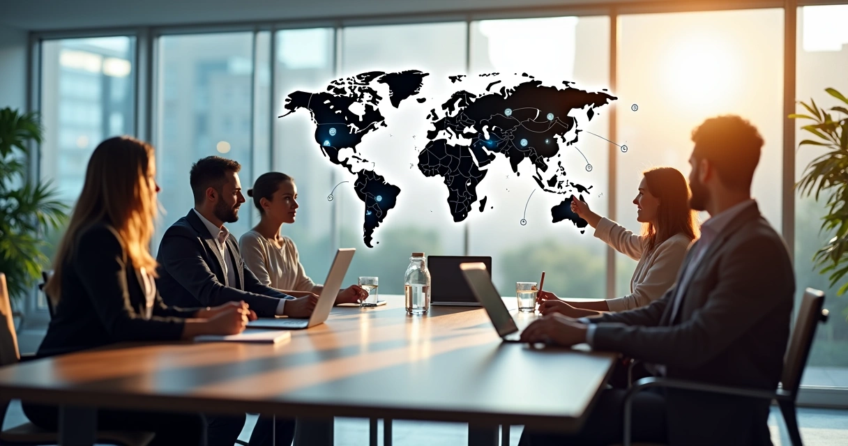 Reunião empresarial discutindo decisões estratégicas em sala moderna 