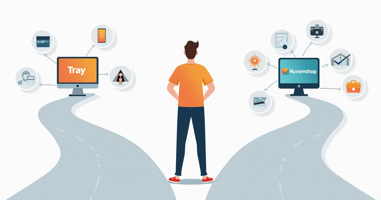 Empreendedor pensativo diante de escolhas entre plataformas virtuais e ferramentas de pagamento 