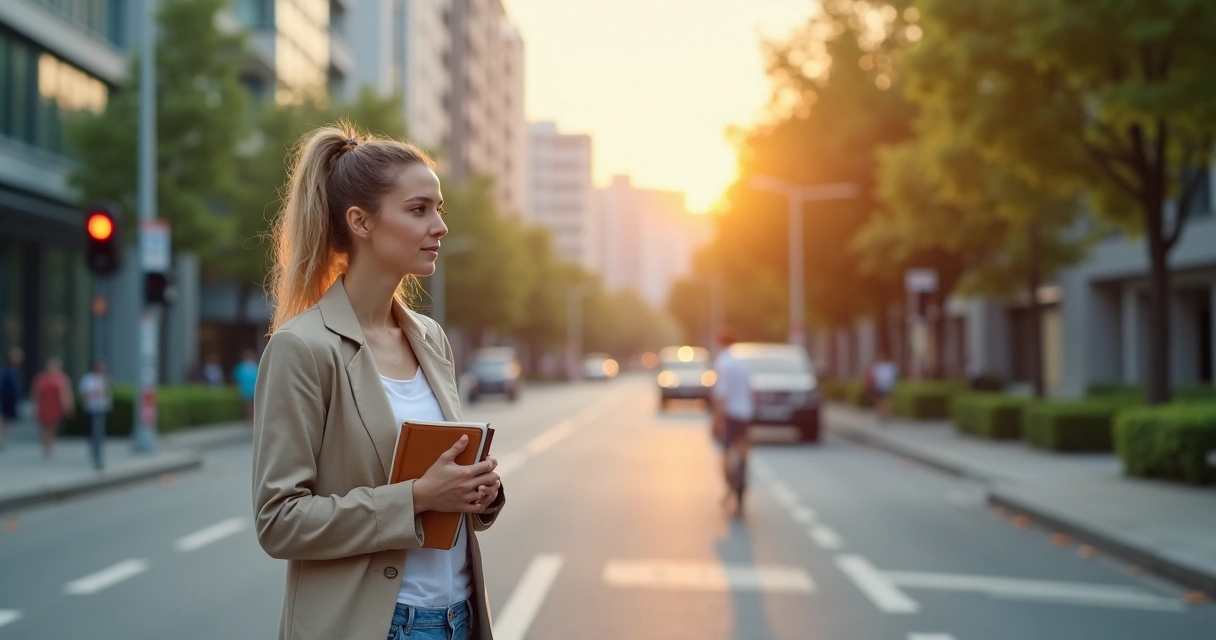 Pessoa serena escolhendo caminho entre duas opções em ambiente urbano calmo 