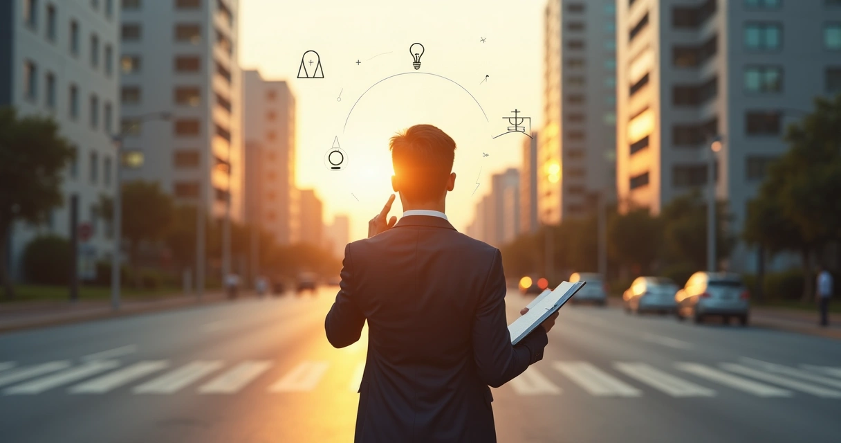 Pessoa em pé diante de encruzilhada urbana refletindo antes de decidir 