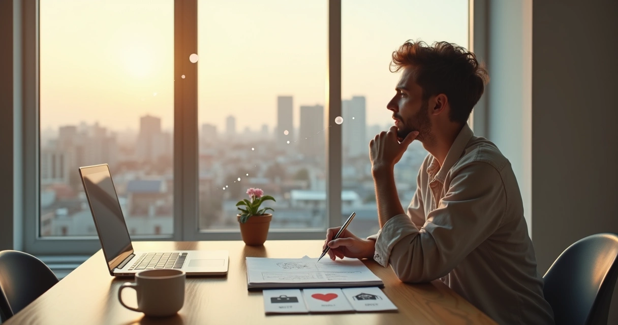 Pessoa em reflexão calma diante de várias opções de escolha 