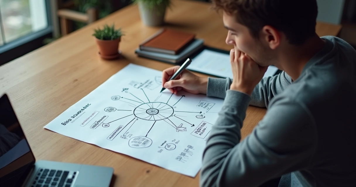 Pessoa observando mapa com conexões e anotações de decisão 