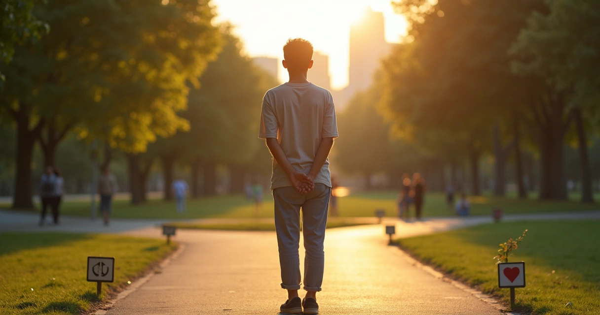 Pessoa em dúvida diante de caminhos diferentes avaliando decisão com calma 