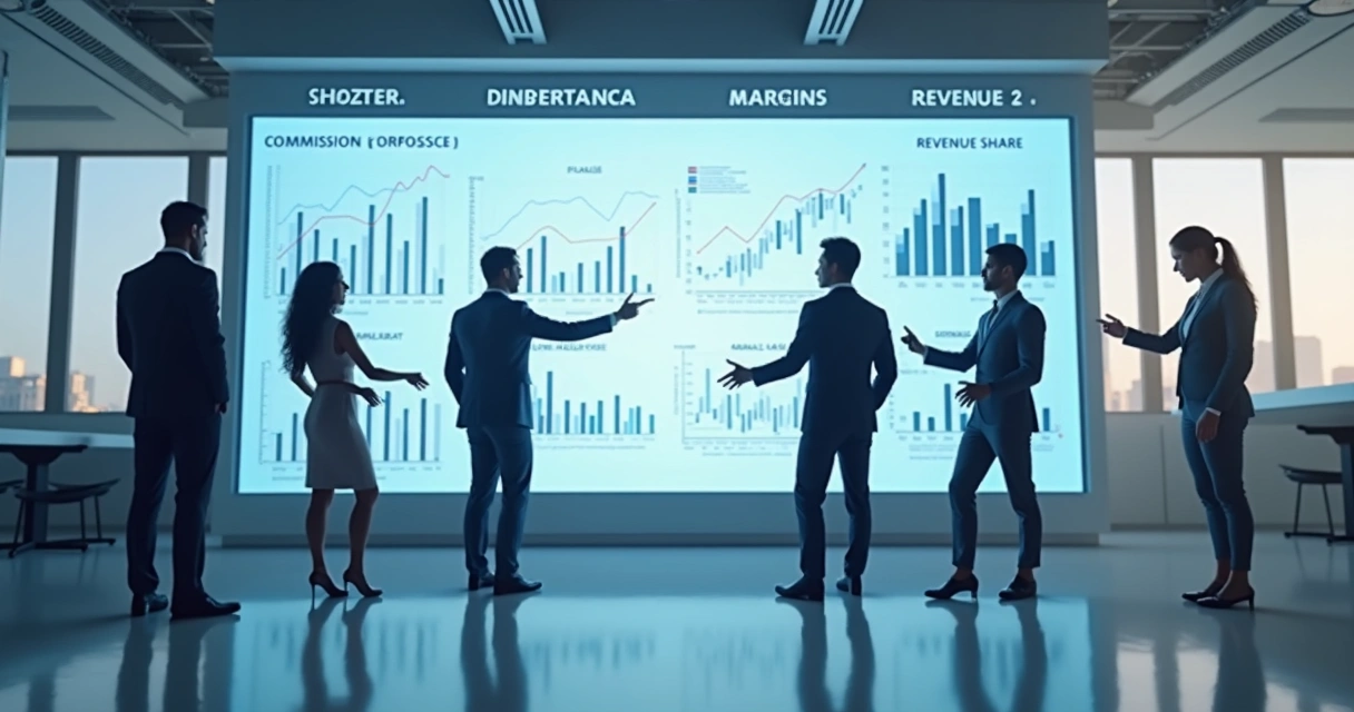 Revenue share vs margem vs comissão: qual escolher por tipo de parceiro Empresários analisando gráficos para decidir modelo de remuneração de parceiros