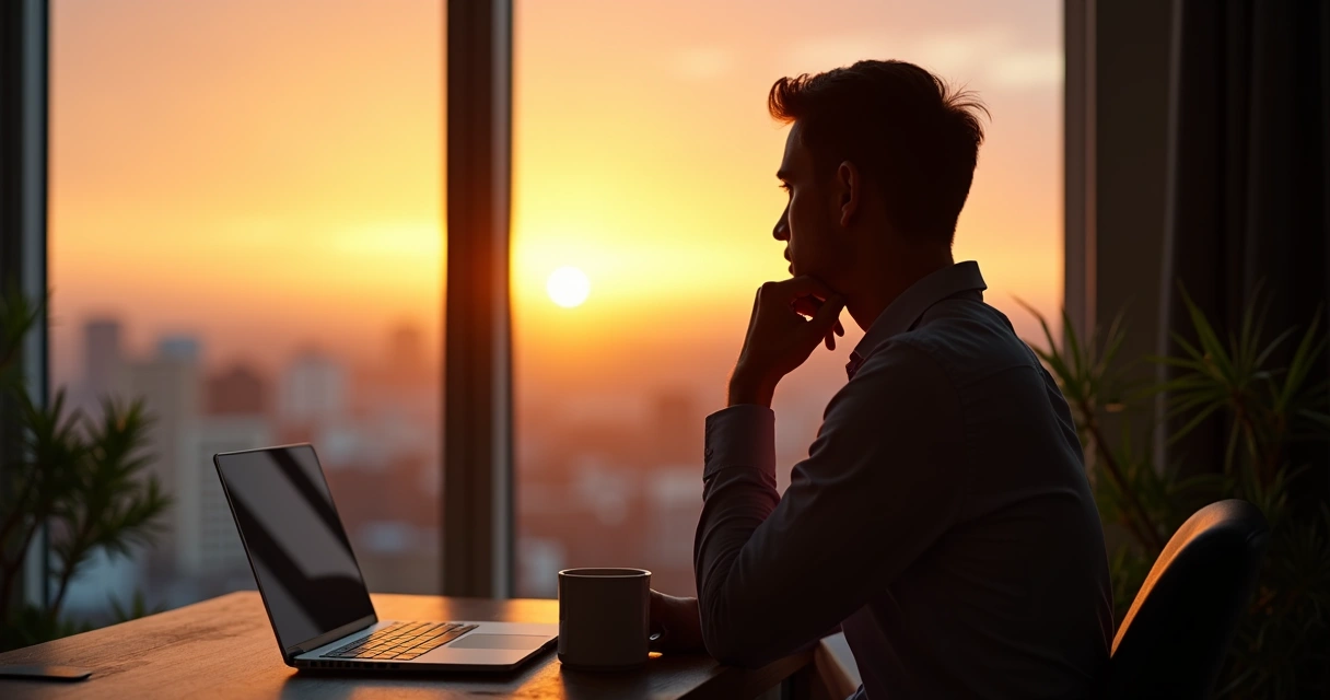Pessoa contemplando janela, em momento de reflexão, ao pôr do sol