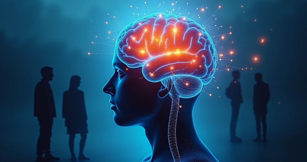 Imagem ilustrando o cérebro humano com áreas destacadas relacionadas à tomada de decisão moral e emocional. 