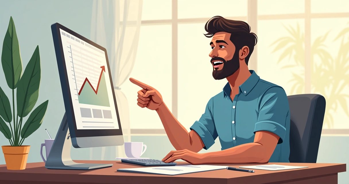 Empreendedor brasileiro apontando gráfico subindo no computador 