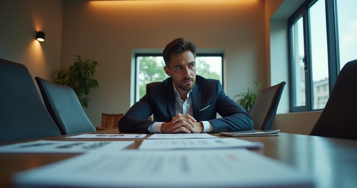 Cena de reunião de negócios onde uma pessoa mostra incerteza com várias opções à sua frente. 