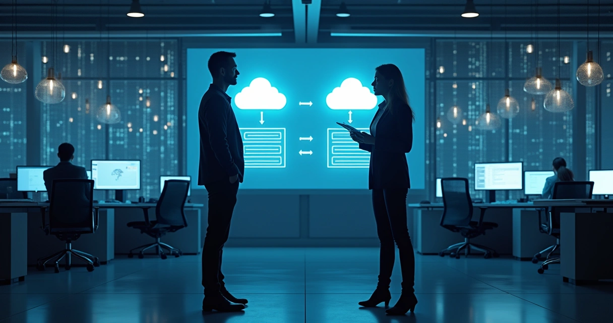 Dois gestores de TI olhando para um painel que mostra opções de nuvem e data center local