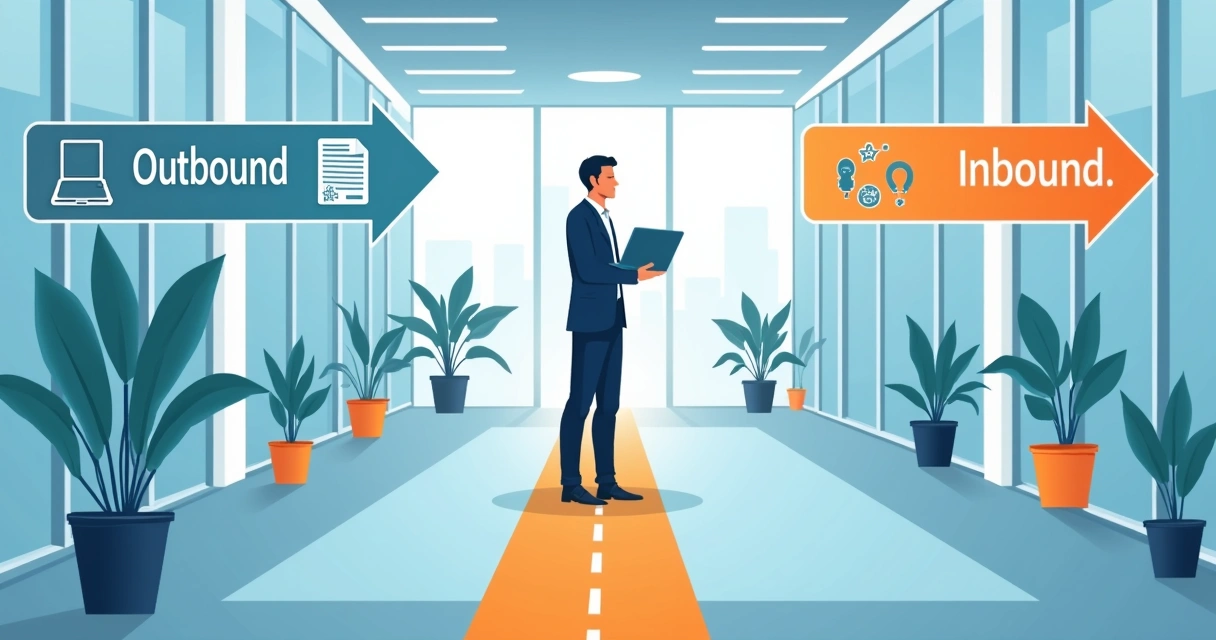 Decisor de empresa B2B olhando para dois caminhos, outbound e inbound, representados por setas coloridas.