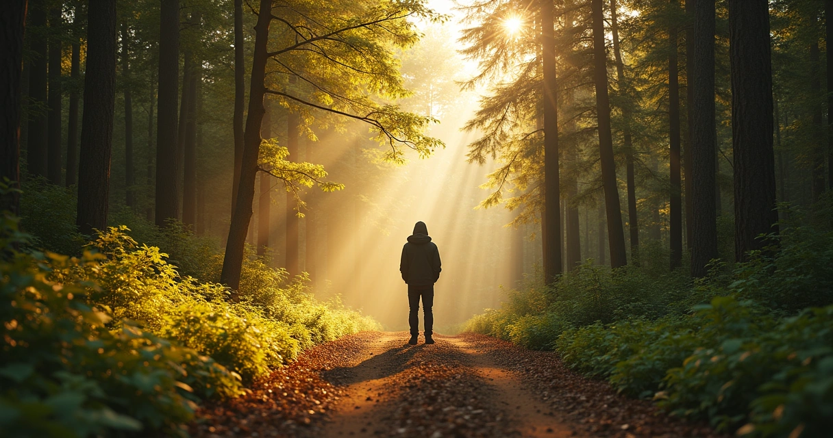 Pessoa diante de dois caminhos em cenário natural 