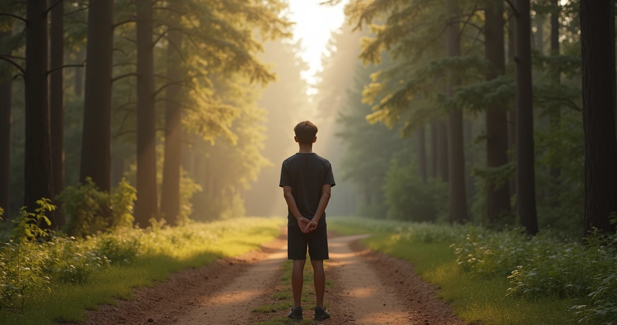 Pessoa refletindo em uma bifurcação em meio à natureza 