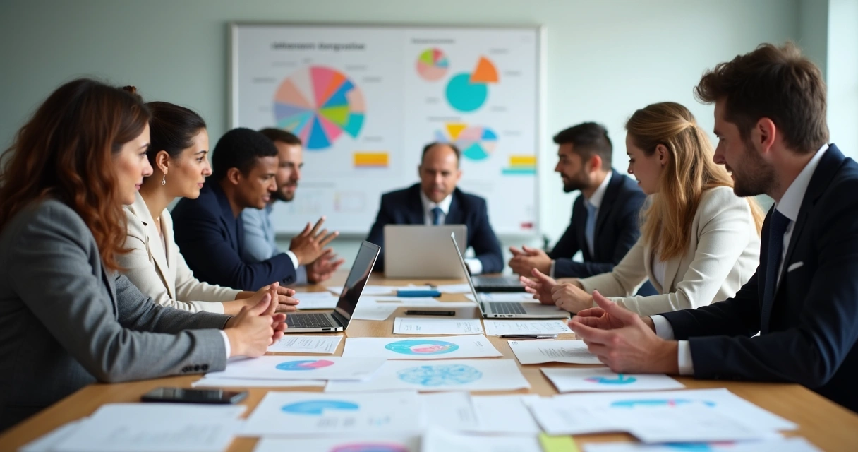 Grupo de pessoas ao redor de uma mesa debatendo política, com papéis e gráficos ao centro