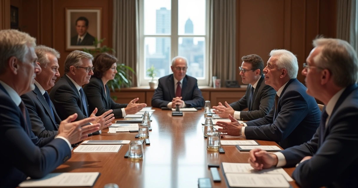 Mesa de reunião com políticos discutindo e expressando diversas emoções de forma moderada 
