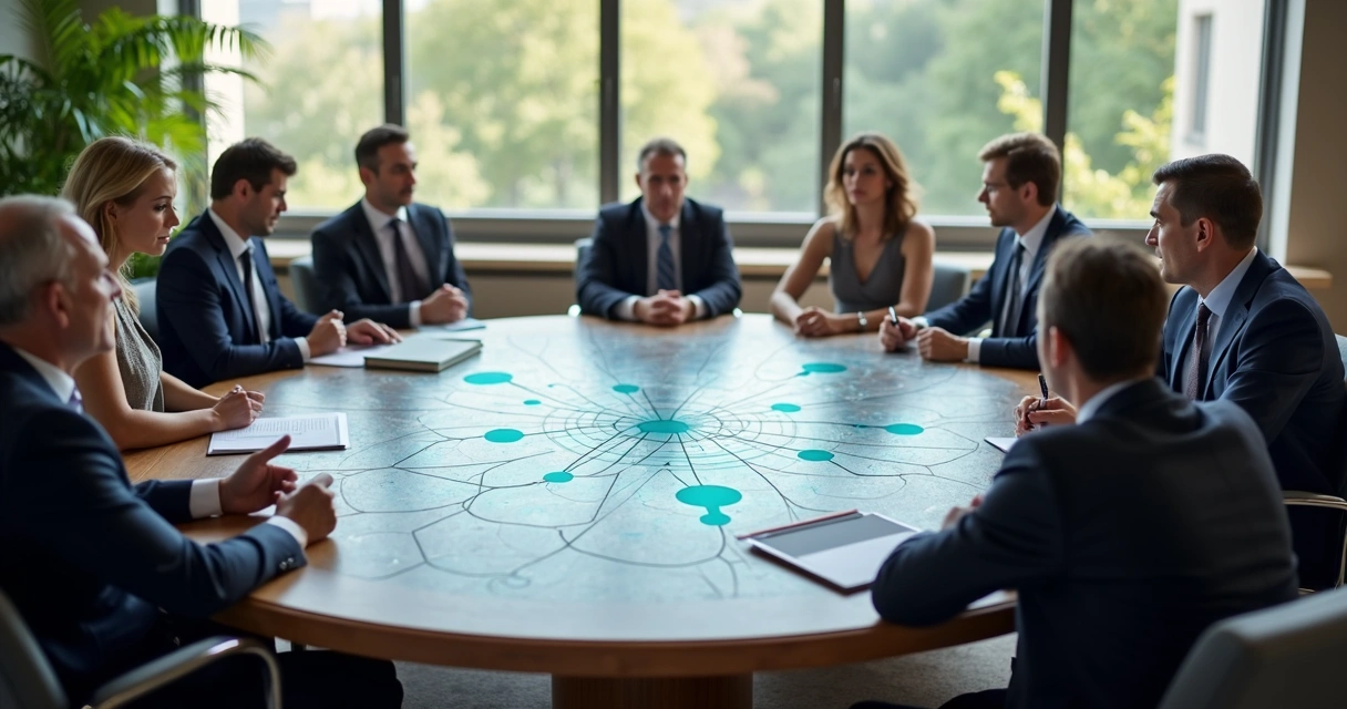 Reunião de gestores públicos debatendo em torno de uma mesa circular com diagramas de sistemas. 