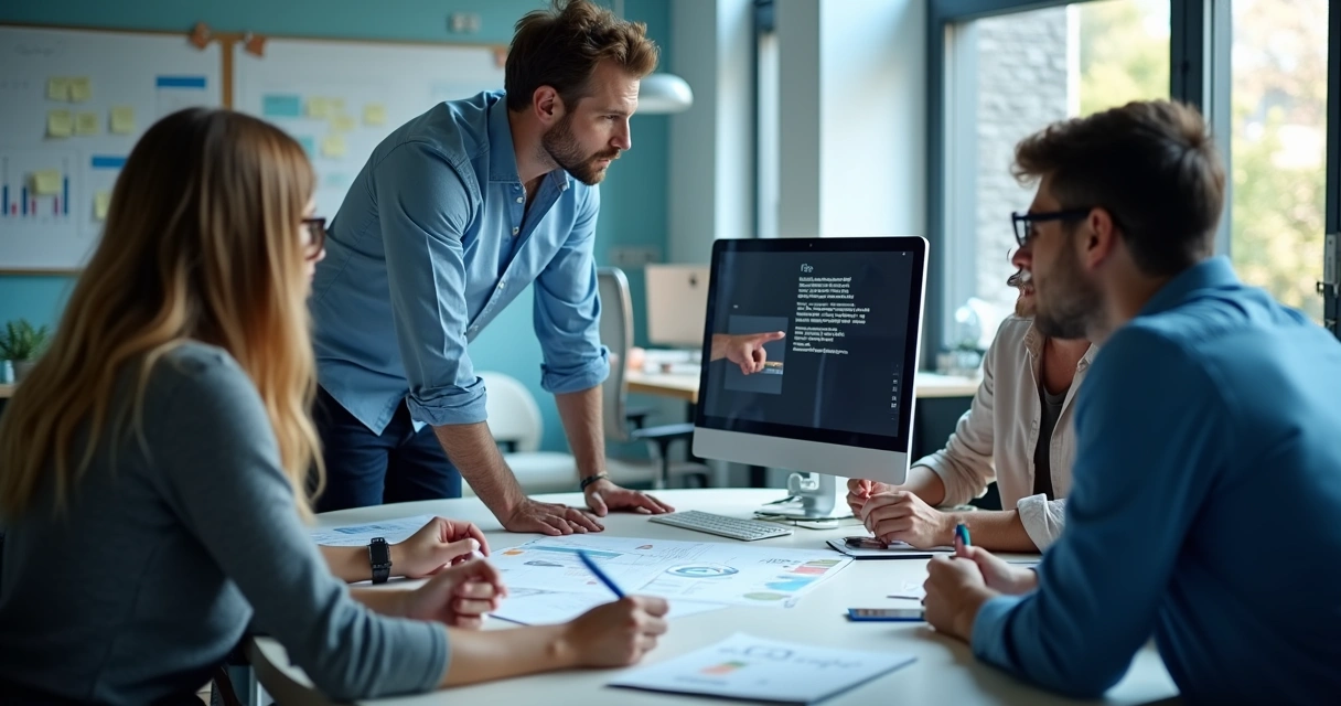 Líder de agência digital apontando decisão em computador com equipe alinhada