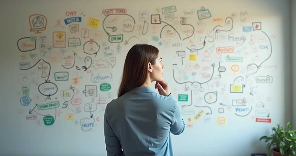 Pessoa refletindo diante de várias opções ilustradas em um quadro 