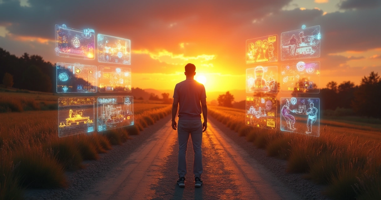 Pessoa em encruzilhada olhando projeções do seu futuro em caminho luminoso e outro escuro 