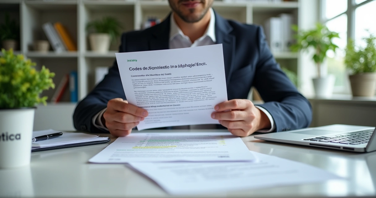 Profissional analisando código de conduta no escritório 