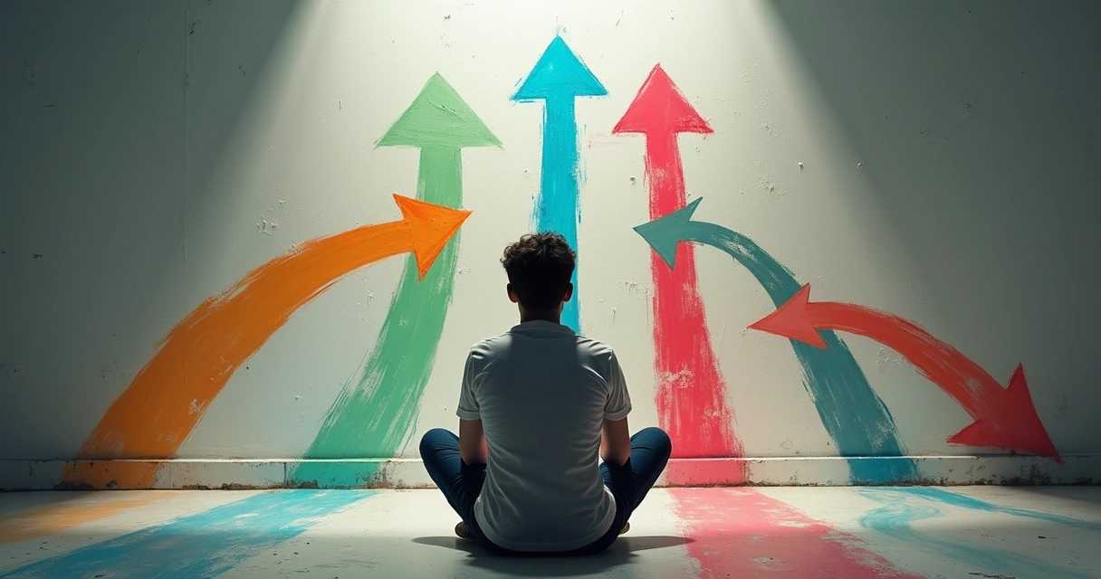 Pessoa pensativa diante de várias setas apontando para diferentes profissões 