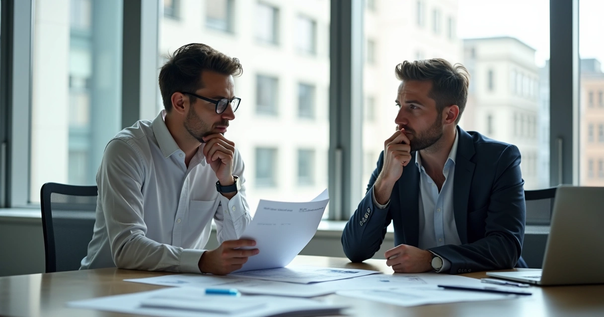Duas pessoas analisam documentos de trabalho com expressão reflexiva 