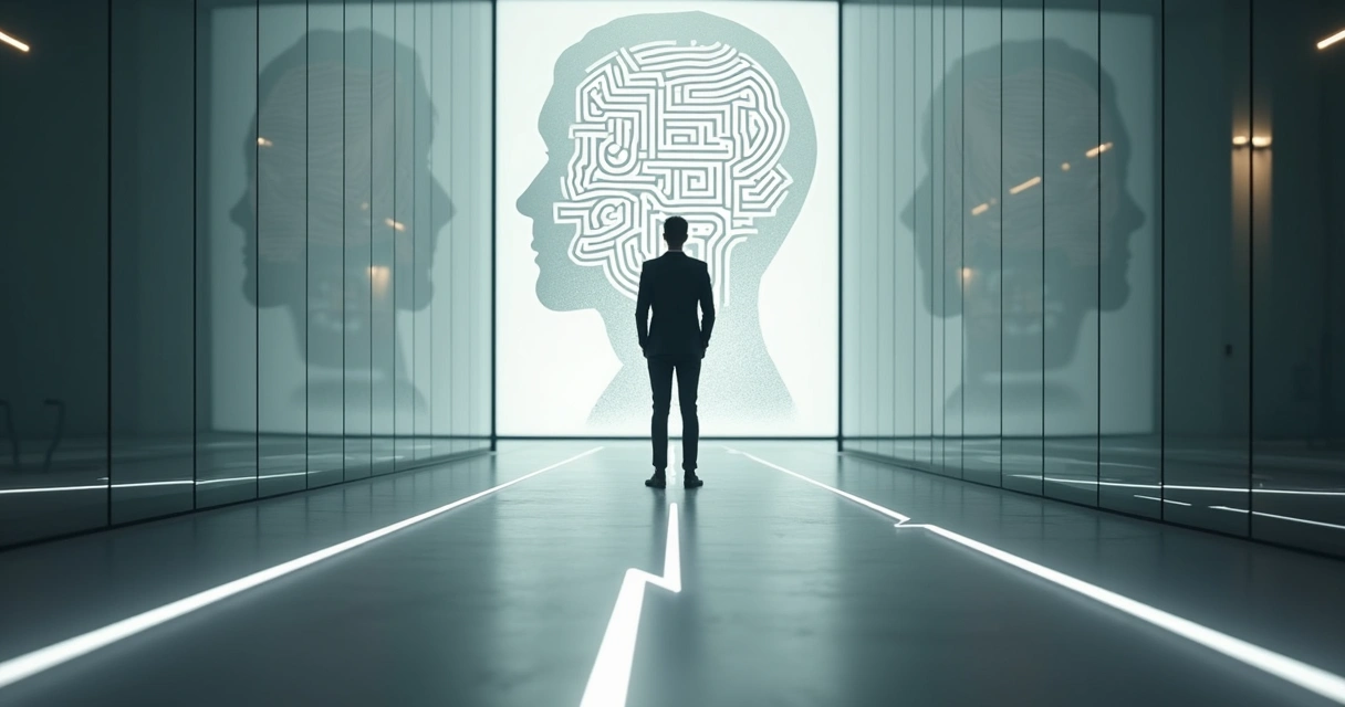 Profissional diante de encruzilhada com sombra projetando labirinto mental 