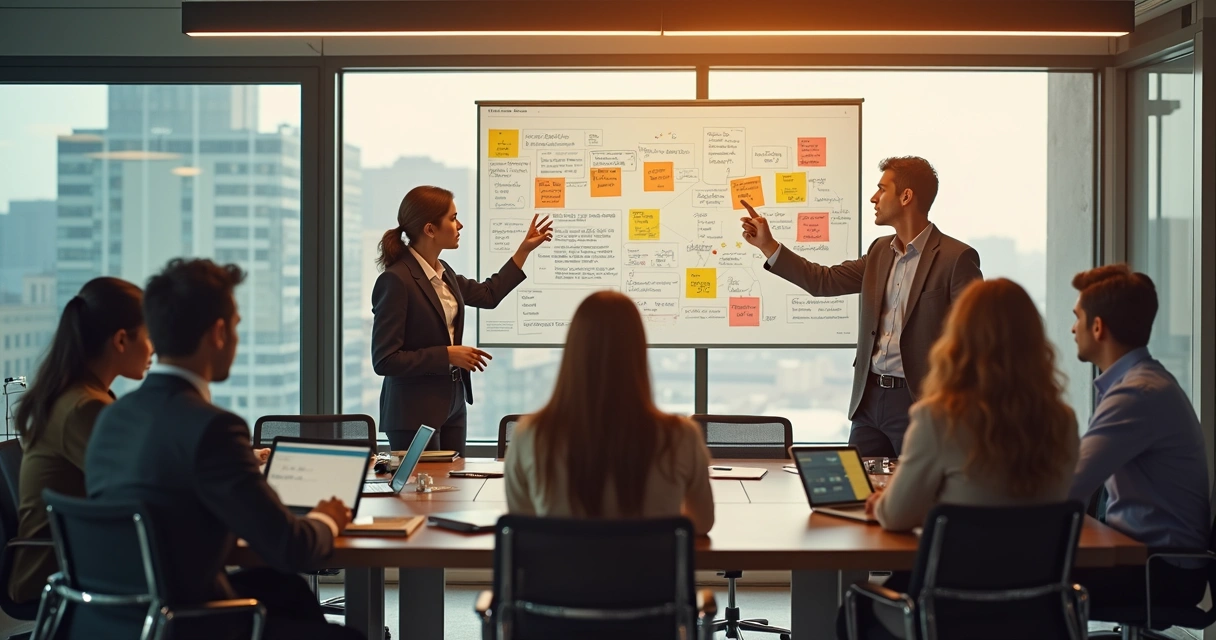Grupo diversificado de pessoas em reunião analisando dados e discutindo alternativas profissionais 
