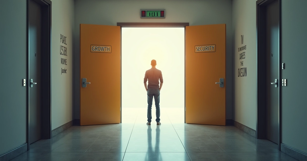 Pessoa olhando duas portas diferentes simbolizando escolhas profissionais 