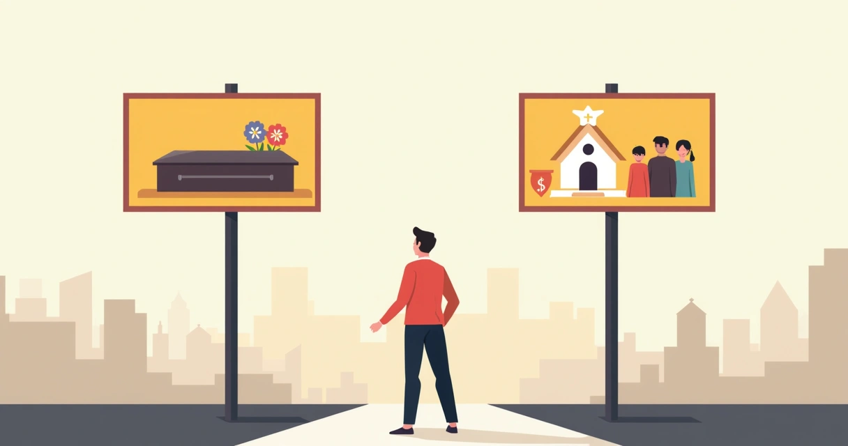 Pessoa diante de duas opções de proteção familiar, com símbolos de plano funerário e seguro de vida