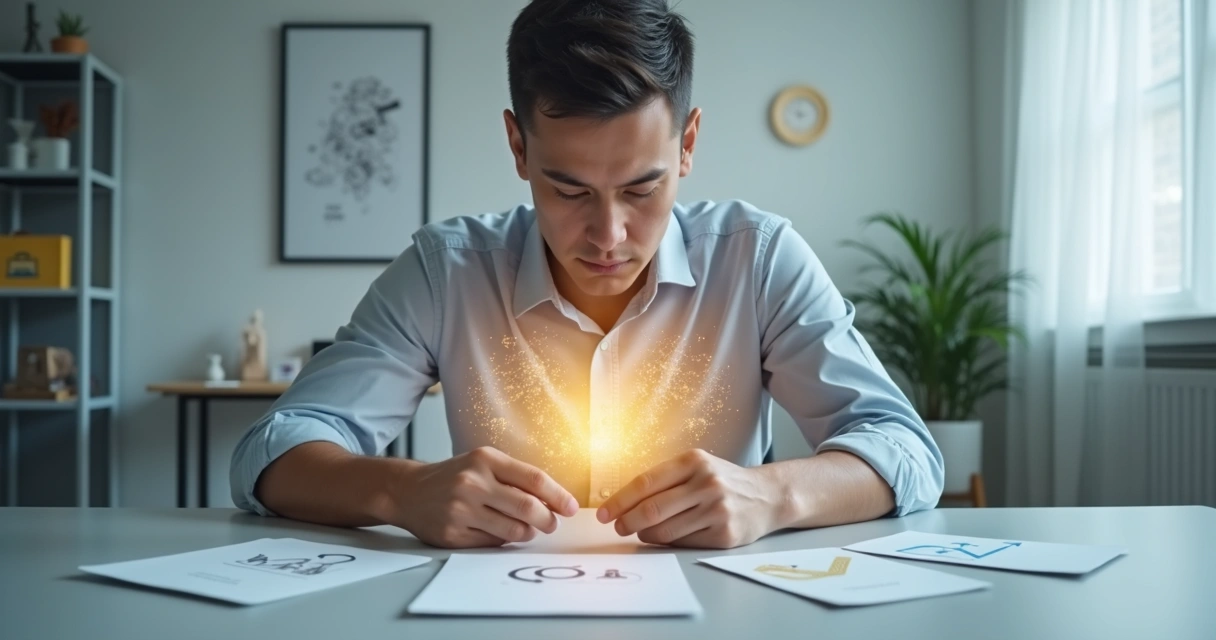 Pessoa analisando várias opções de decisão com foco interno e mente iluminada 