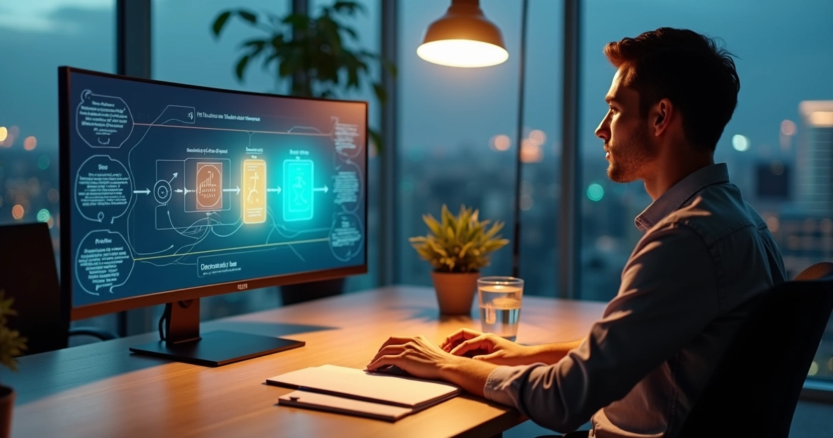 Profissional avaliando opções no trabalho com fluxo visual de decisão consciente 