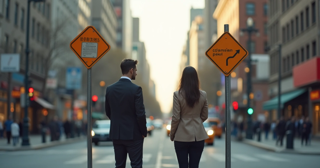 Pessoa parada em frente a dois caminhos diferentes em cenário urbano 