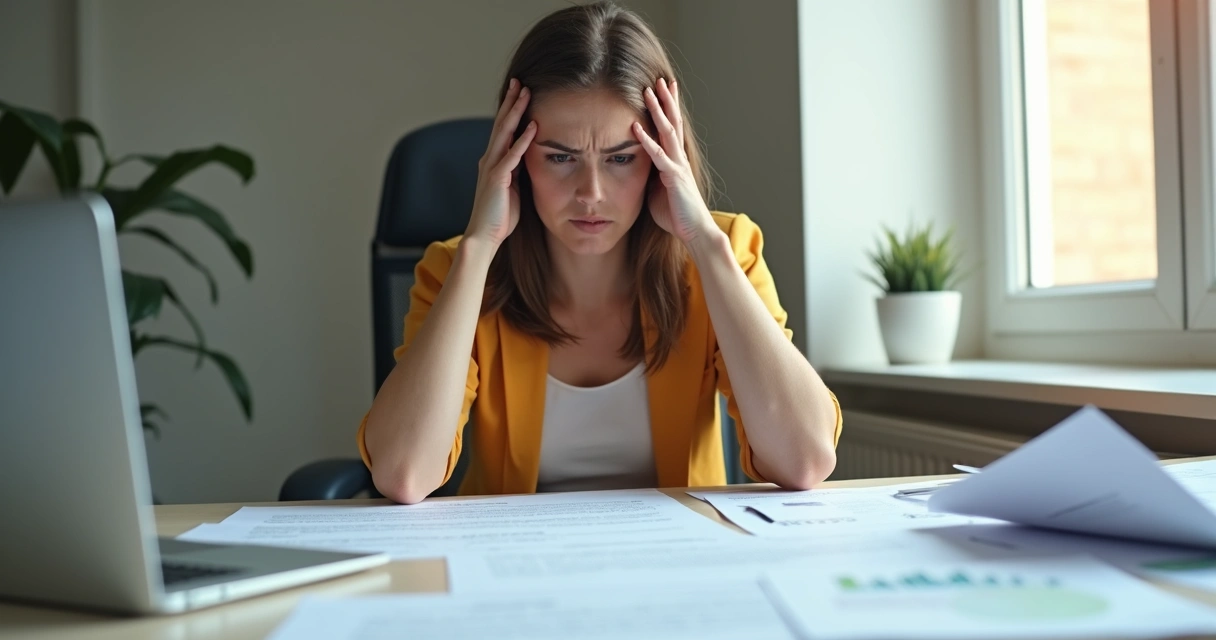 Pessoa olhando para documentos e mostrando expressão de dúvida 