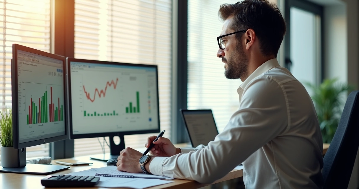 Gestor tomando decisão analisando gráficos financeiros