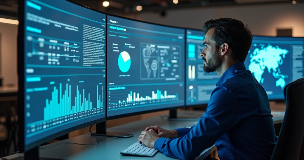 Gestor vendo painel de decisões da IA, dados em tempo real exibidos 
